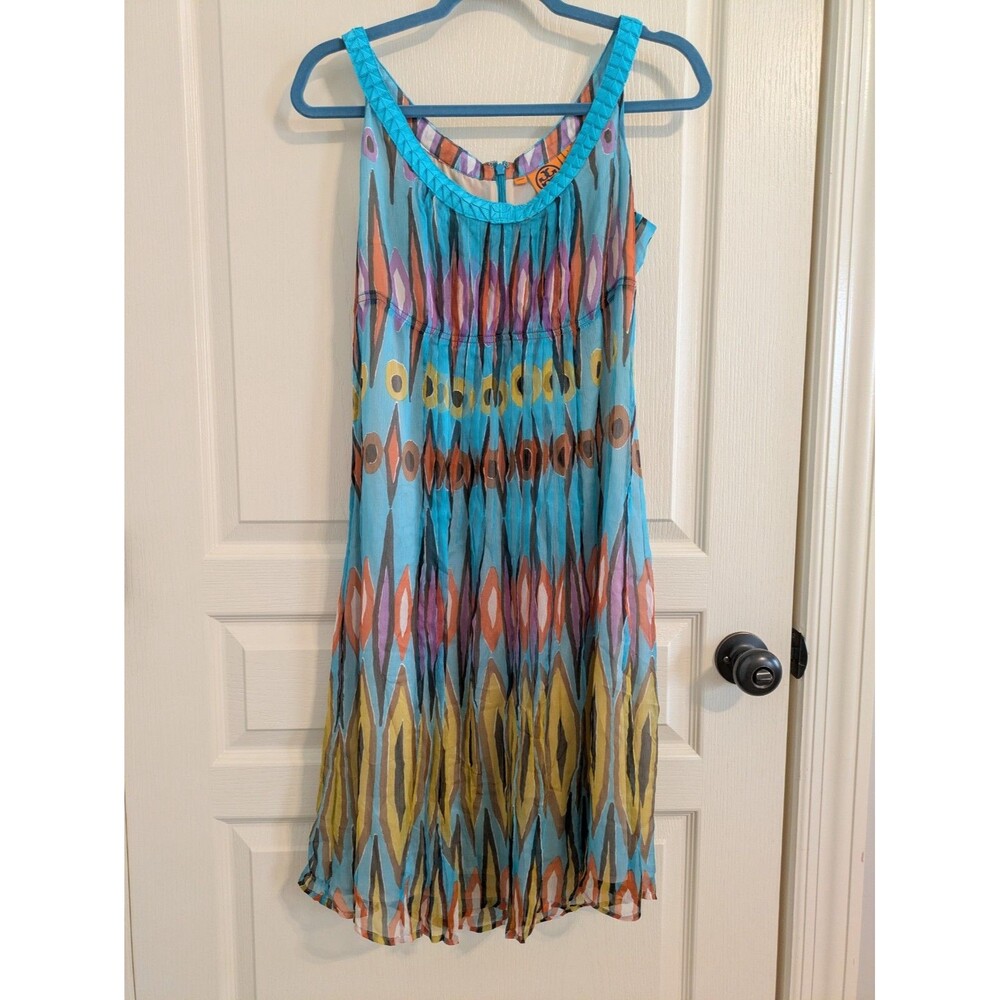 Tory Burch Dress Womens 8 Ikat Peacock Silk Pleated Midi Lined Colorful Party